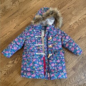 Boden Floral Hooded Jacket with faux fur trim